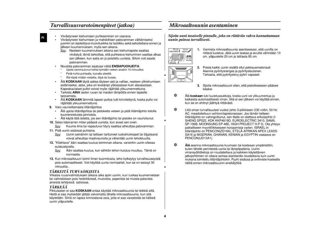 Samsung G2719N/XEE manual Turvallisuusvarotoimenpiteet jatkoa, Mikroaaltouunin asentaminen, Tärkeitä Turvaohjeita, Tärkeää 