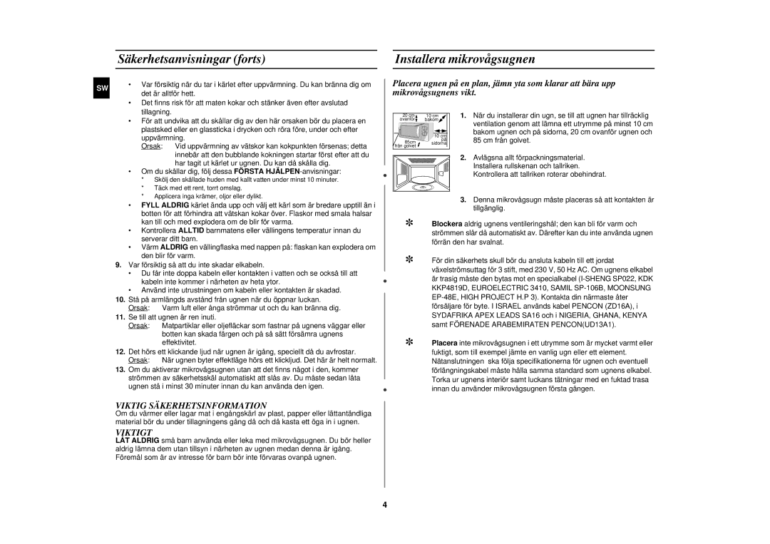 Samsung G2719N/XEE manual Säkerhetsanvisningar forts, Installera mikrovågsugnen, Viktig Säkerhetsinformation, Viktigt 