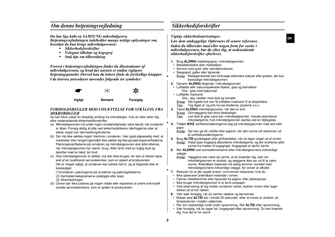 Samsung G2719N/XEE manual Om denne betjeningsvejledning, Sikkerhedsforskrifter, VigtigtBemærkForsigtig 