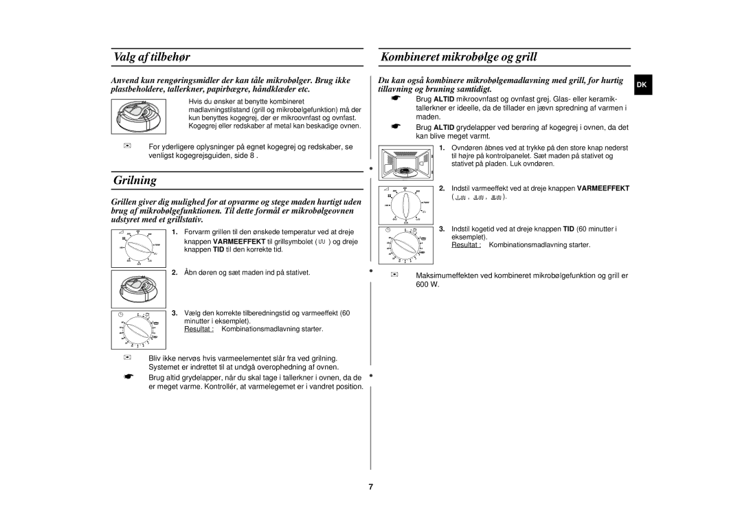 Samsung G2719N/XEE manual Valg af tilbehør Kombineret mikrobølge og grill, Grilning 