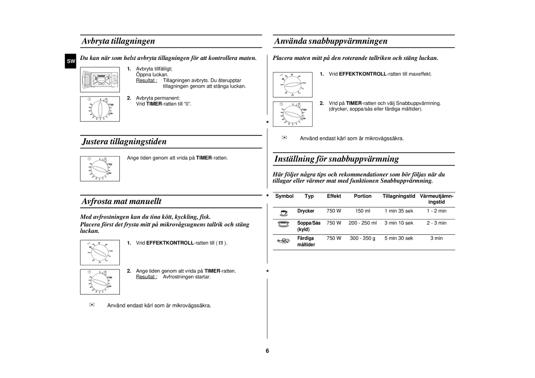 Samsung G2719N/XEE manual Avbryta tillagningen, Justera tillagningstiden, Avfrosta mat manuellt, Använda snabbuppvärmningen 