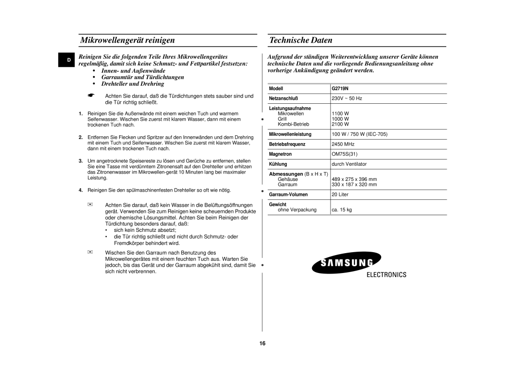 Samsung G2719N/XEG, G2719N-S/XEG manual Mikrowellengerät reinigen, Technische Daten 