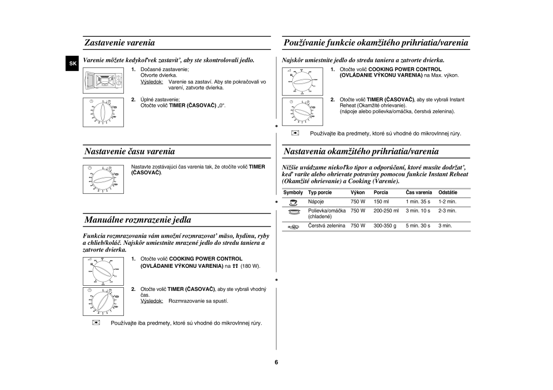 Samsung G2719N/XEH manual Zastavenie varenia, Nastavenie času varenia, Manuálne rozmrazenie jedla 