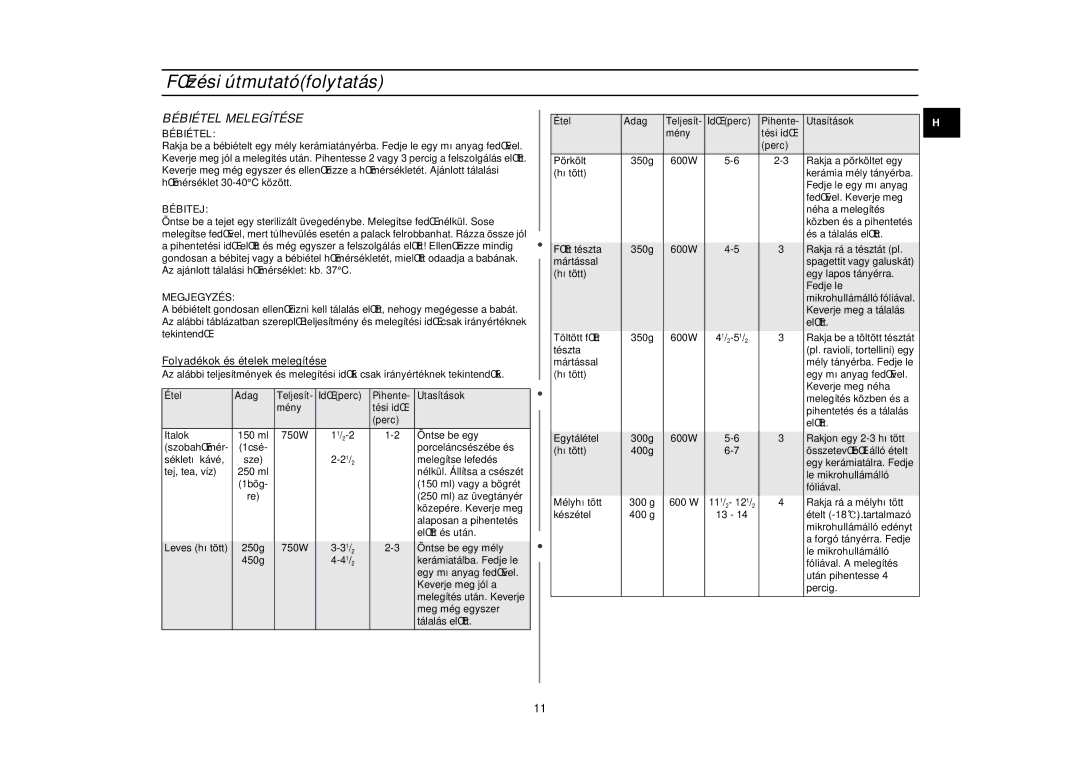 Samsung G2719N/XEH manual FŒzési útmutatófolytatás, Bébiétel Melegítése, Bébitej, Megjegyzés 