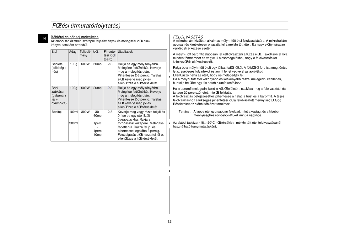 Samsung G2719N/XEH manual Felolvasztás, Bébiétel és bébitej melegítése 