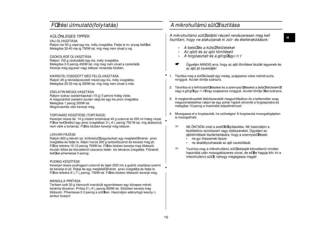 Samsung G2719N/XEH manual Mikrohullámú sütŒ tisztítása, Különleges Tippek 