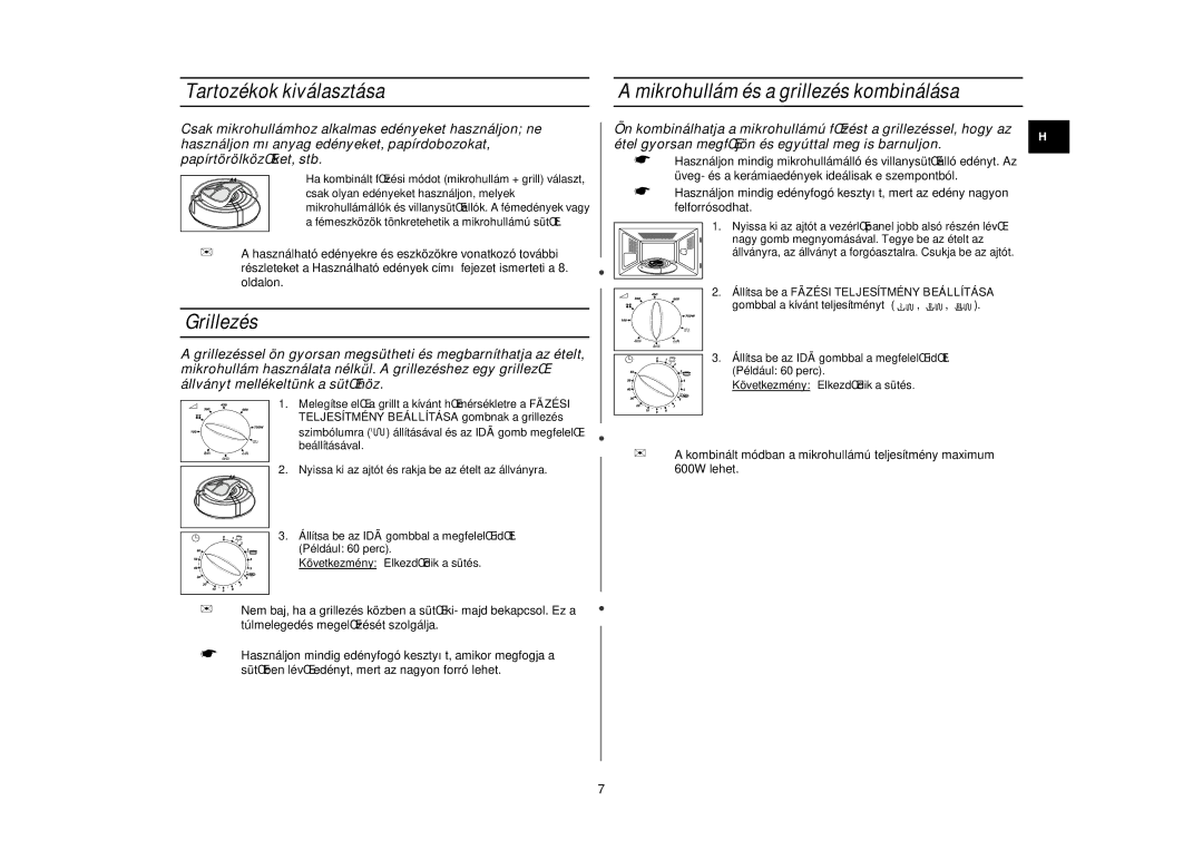 Samsung G2719N/XEH manual Tartozékok kiválasztása, Grillezés, Mikrohullám és a grillezés kombinálása 