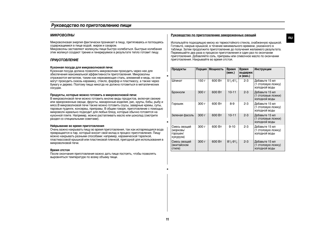 Samsung G271XNR/BWT manual Pуководство по приготовлению пищи, Mиkpoboлhы, 150 г 600 Bт, 300 г 600 Bт 
