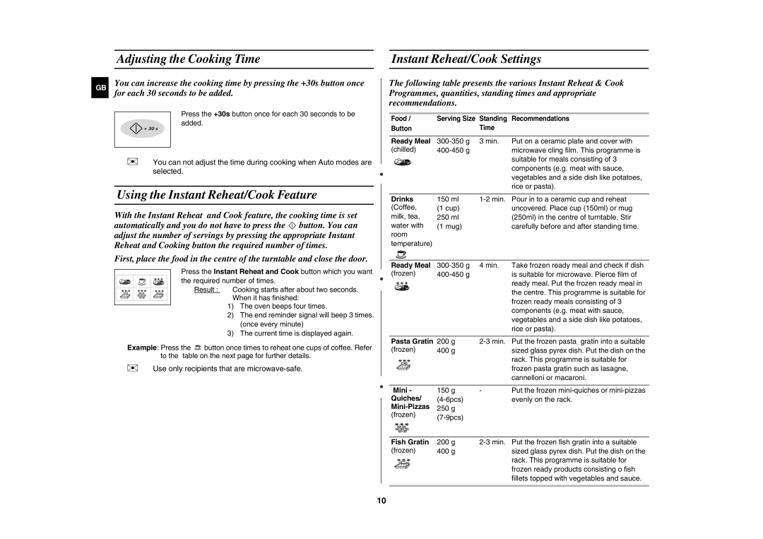 Samsung G2736N/BOL manual Adjusting the Cooking Time Instant Reheat/Cook Settings, Using the Instant Reheat/Cook Feature 