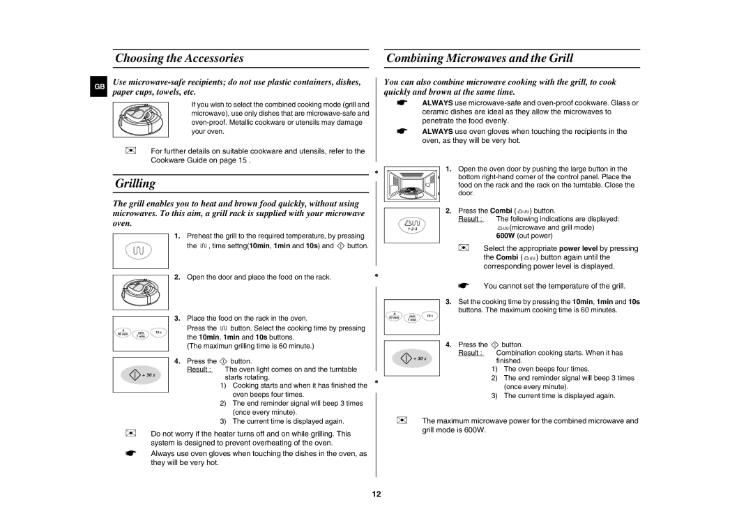 Samsung G2736N/BOL manual Choosing the Accessories Combining Microwaves and the Grill, Grilling, Paper cups, towels, etc 