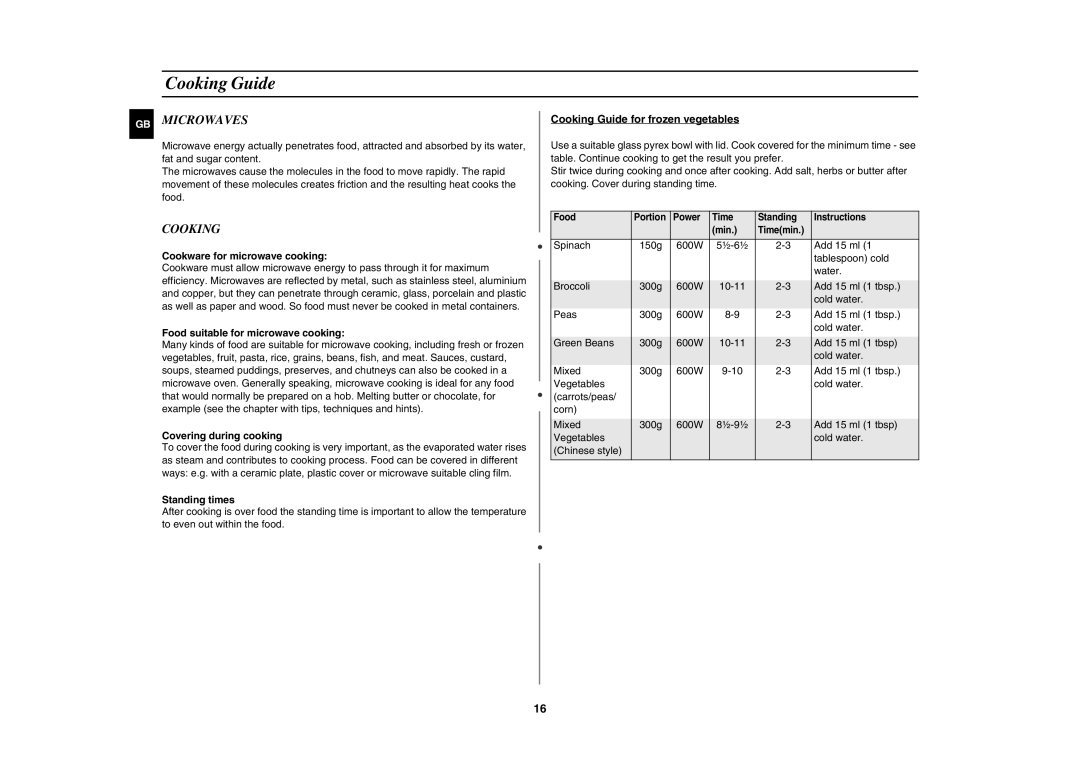 Samsung G2736N/BOL manual Cooking Guide, GB Microwaves 