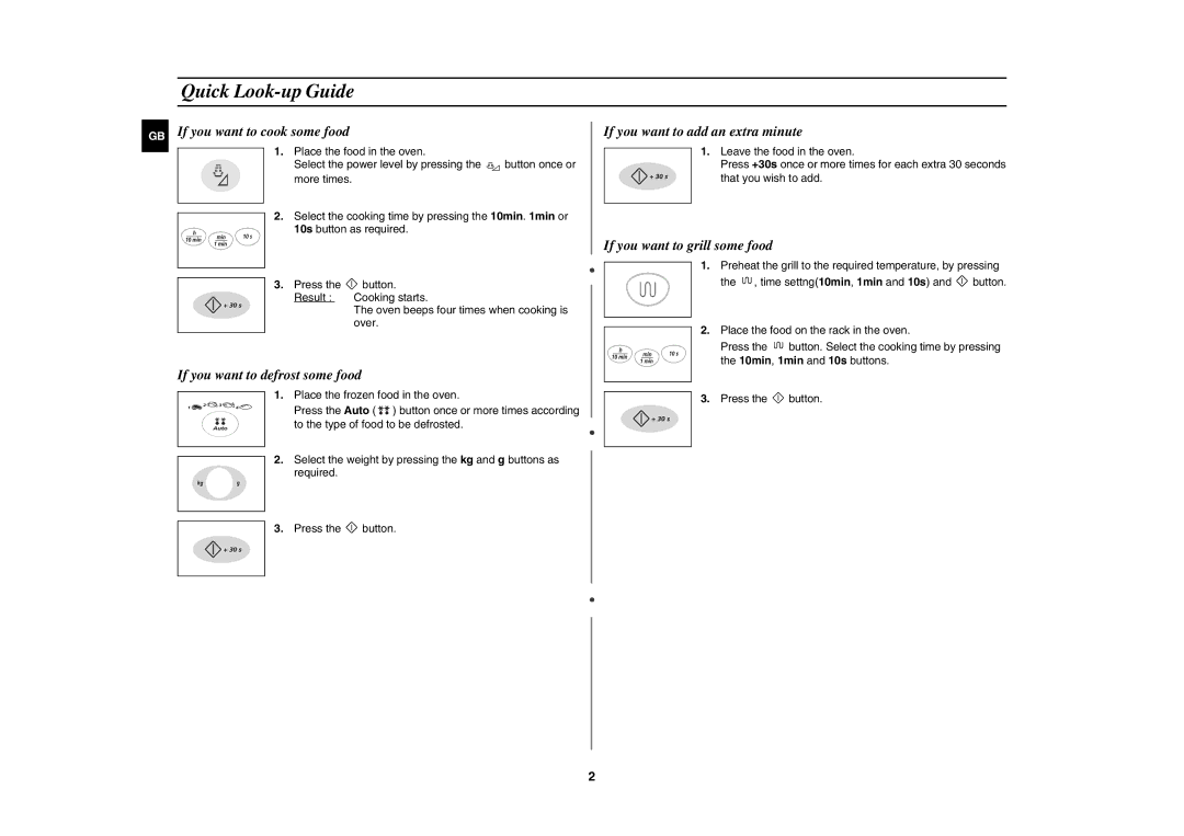 Samsung G2736N/BOL manual Quick Look-up Guide, GB If you want to cook some food, If you want to defrost some food 