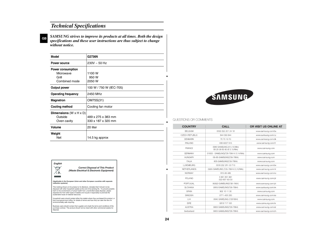 Samsung G2736N/BOL manual Technical Specifications, Without notice 