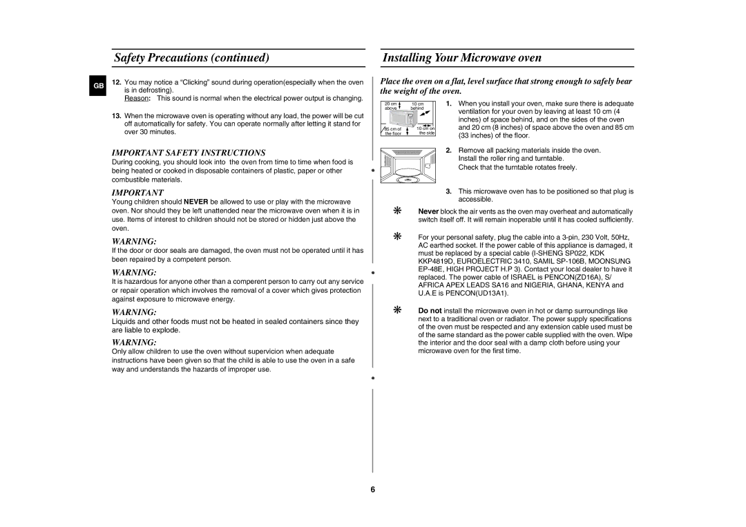 Samsung G2736N/BOL manual Installing Your Microwave oven, Important Safety Instructions 