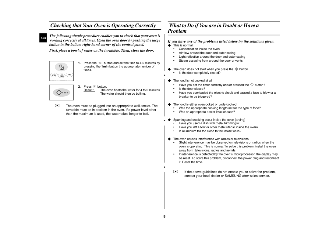 Samsung G2736N/BOL manual Checking that Your Oven is Operating Correctly, What to Do if You are in Doubt or Have a Problem 