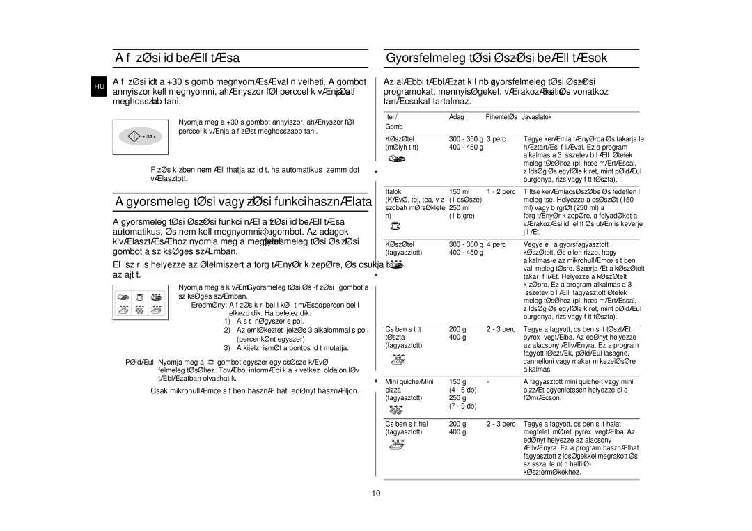 Samsung G2736N/XEH manual Főzési idő beállítása, Gyorsmelegítési vagy -főzési funkció használata 