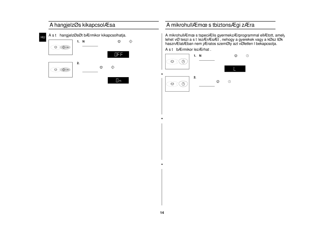 Samsung G2736N/XEH manual Hangjelzés kikapcsolása, Mikrohullámú sütő biztonsági zára 