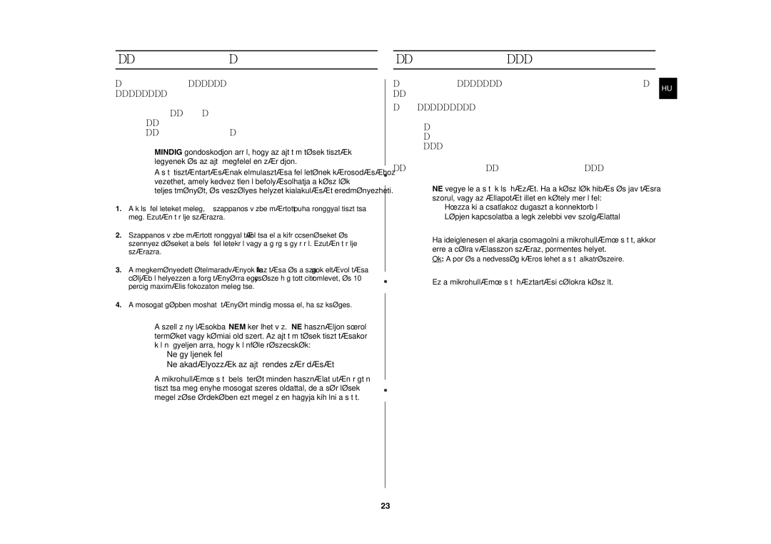 Samsung G2736N/XEH manual Mikrohullámú sütő tisztítása, Mikrohullámú sütő tárolása és javítása 