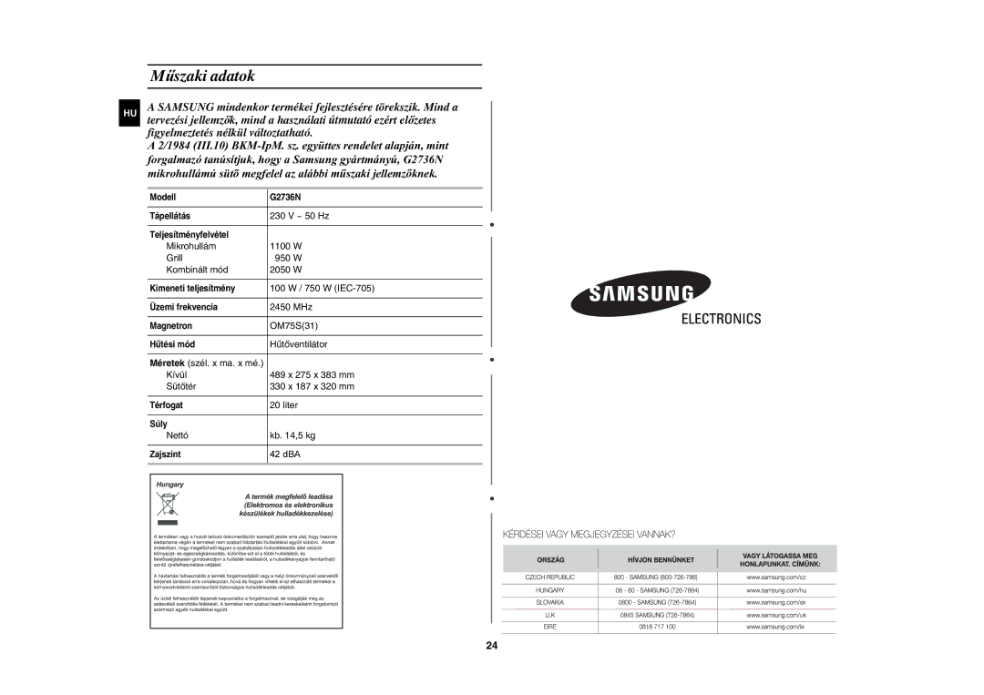 Samsung G2736N/XEH manual Műszaki adatok 