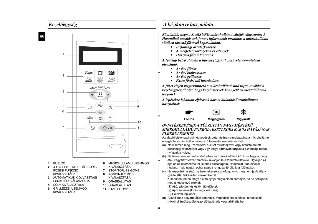 Samsung G2736N/XEH manual Kezelőegység, Kézikönyv használata, Fontos Megjegyzés, Vigyázat 