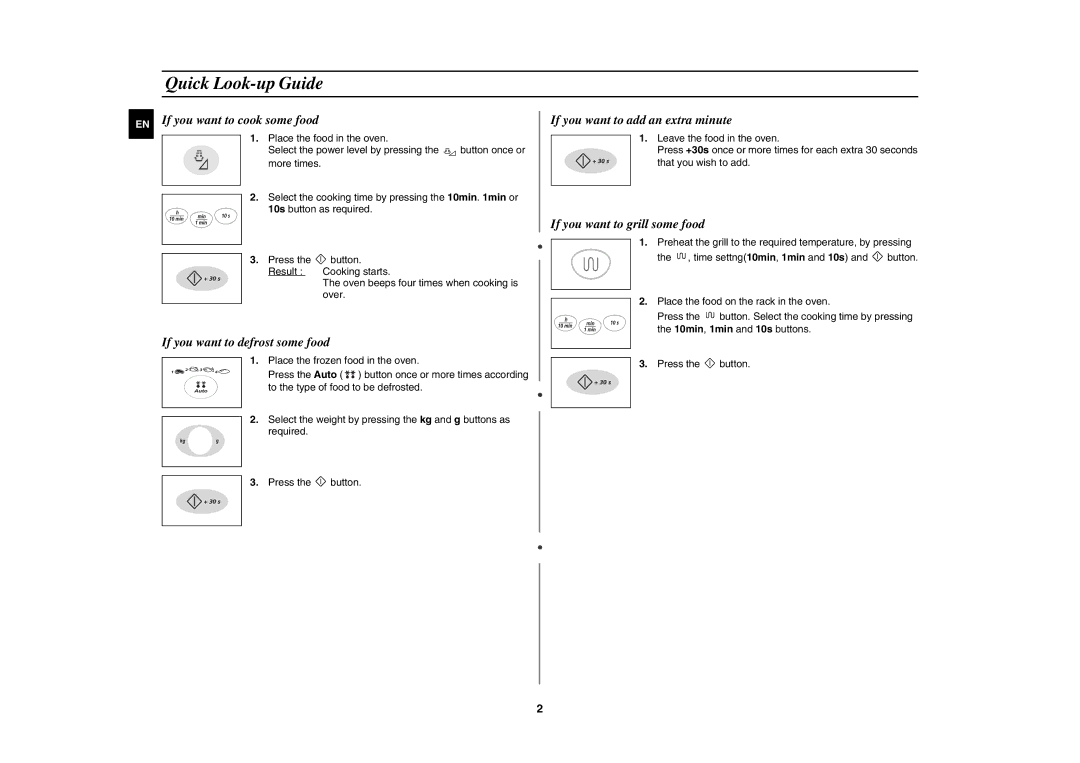 Samsung G2736N/XEH manual Quick Look-up Guide, EN If you want to cook some food, If you want to defrost some food 