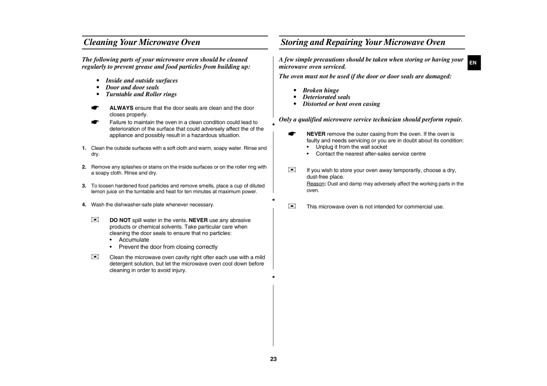 Samsung G2736N/XEH manual Cleaning Your Microwave Oven, Storing and Repairing Your Microwave Oven 