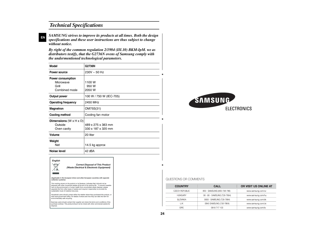 Samsung G2736N/XEH manual Technical Specifications, Noise level 