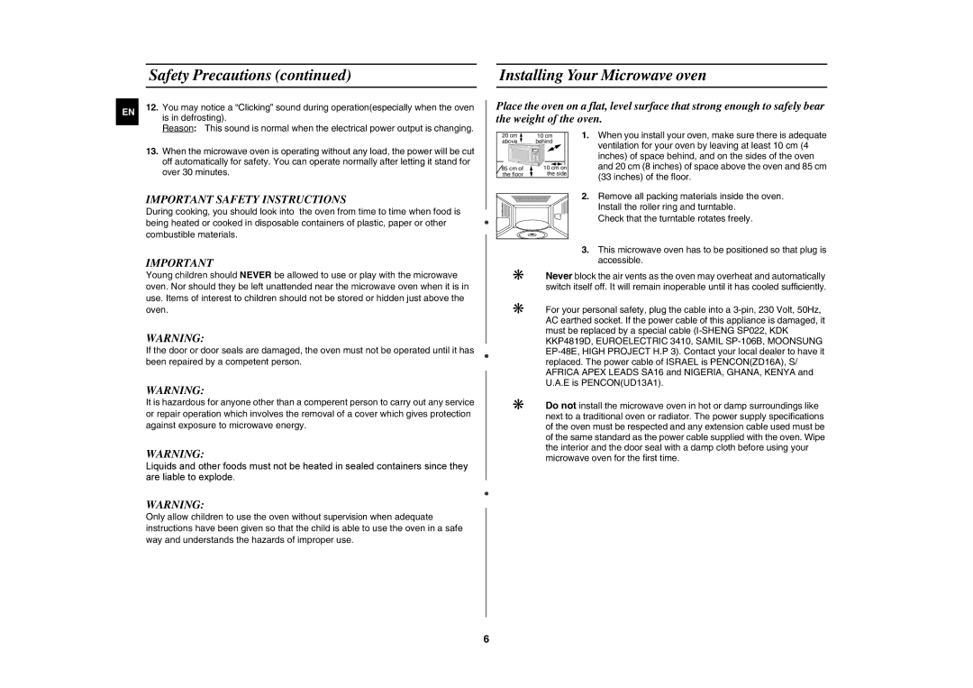 Samsung G2736N/XEH manual Installing Your Microwave oven, Important Safety Instructions 