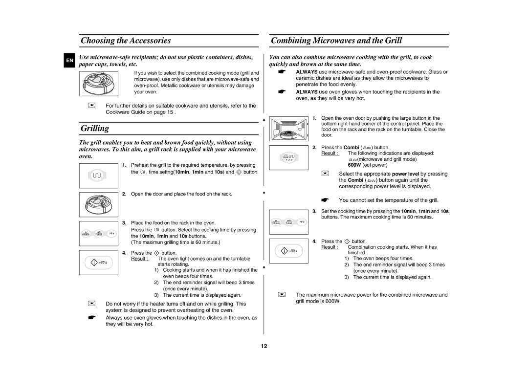 Samsung G2739N-S/XEH, G2739N/LIB, G2739N/XEH manual Choosing the Accessories Combining Microwaves and the Grill, Grilling 