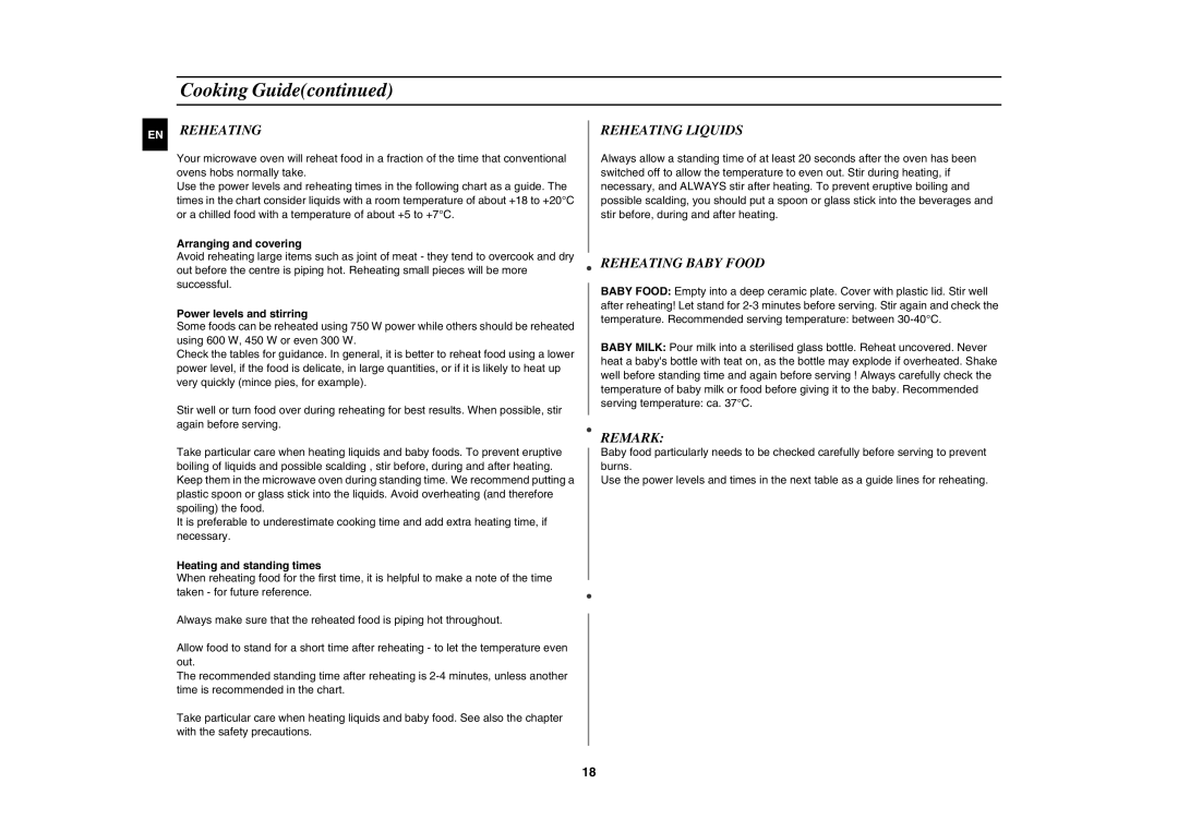 Samsung G2739N-S/XEH, G2739N/LIB, G2739N/XEH manual Reheating Liquids, Reheating Baby Food, Remark 