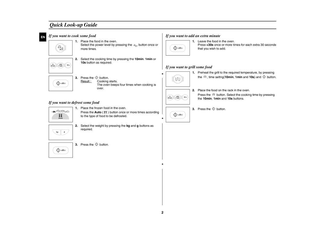 Samsung G2739N/XEH, G2739N-S/XEH Quick Look-up Guide, EN If you want to cook some food, If you want to defrost some food 