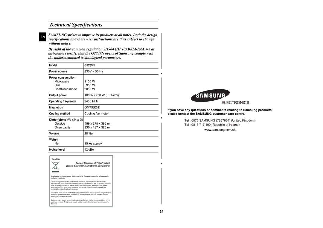 Samsung G2739N-S/XEH, G2739N/LIB, G2739N/XEH manual Technical Specifications, Noise level 