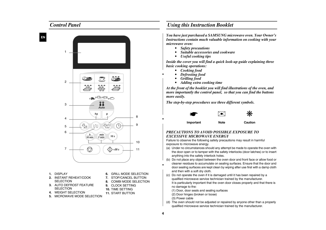 Samsung G2739N/LIB, G2739N-S/XEH, G2739N/XEH manual Control Panel Using this Instruction Booklet, Important NoteCaution 