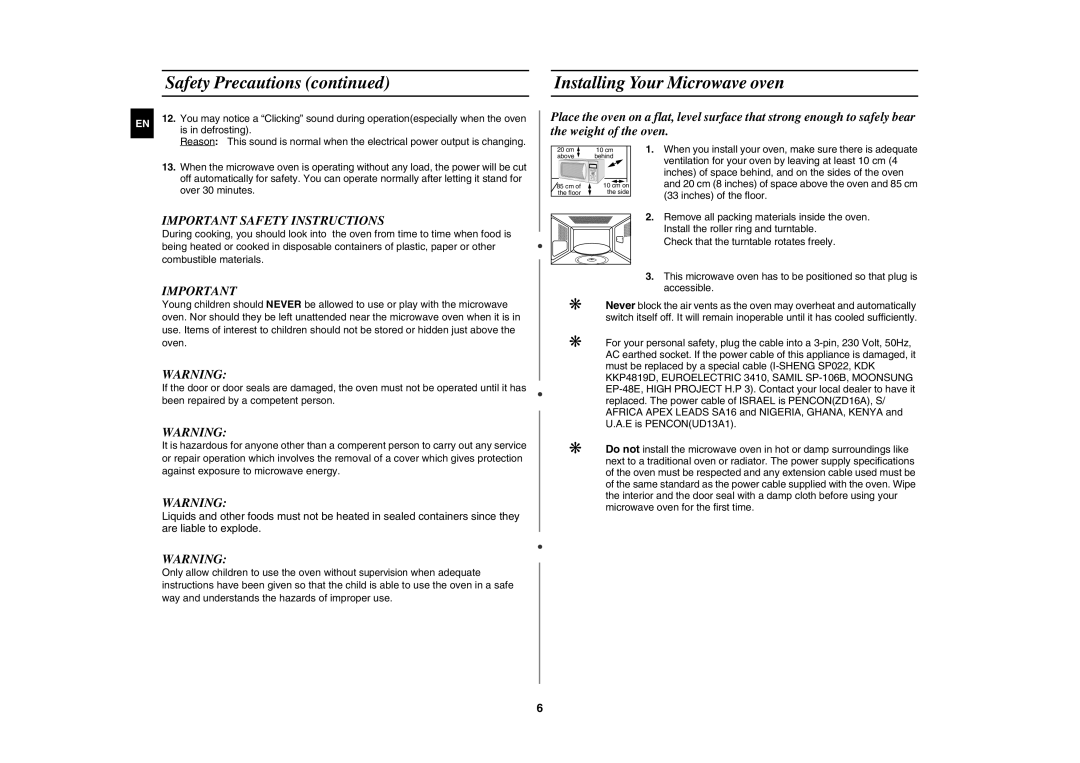 Samsung G2739N-S/XEH, G2739N/LIB, G2739N/XEH manual Installing Your Microwave oven, Important Safety Instructions 