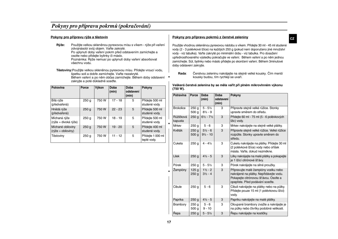 Samsung G2739N/LIB, G2739N-S/XEH manual Pokyny pro přípravu pokrmů pokračování, Pokyny pro přípravu rýže a těstovin 