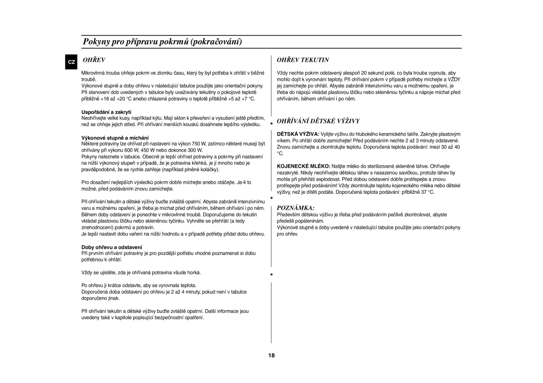 Samsung G2739N-S/XEH, G2739N/LIB manual Ohřev Tekutin, Ohřívání Dětské Výživy, Poznámka 