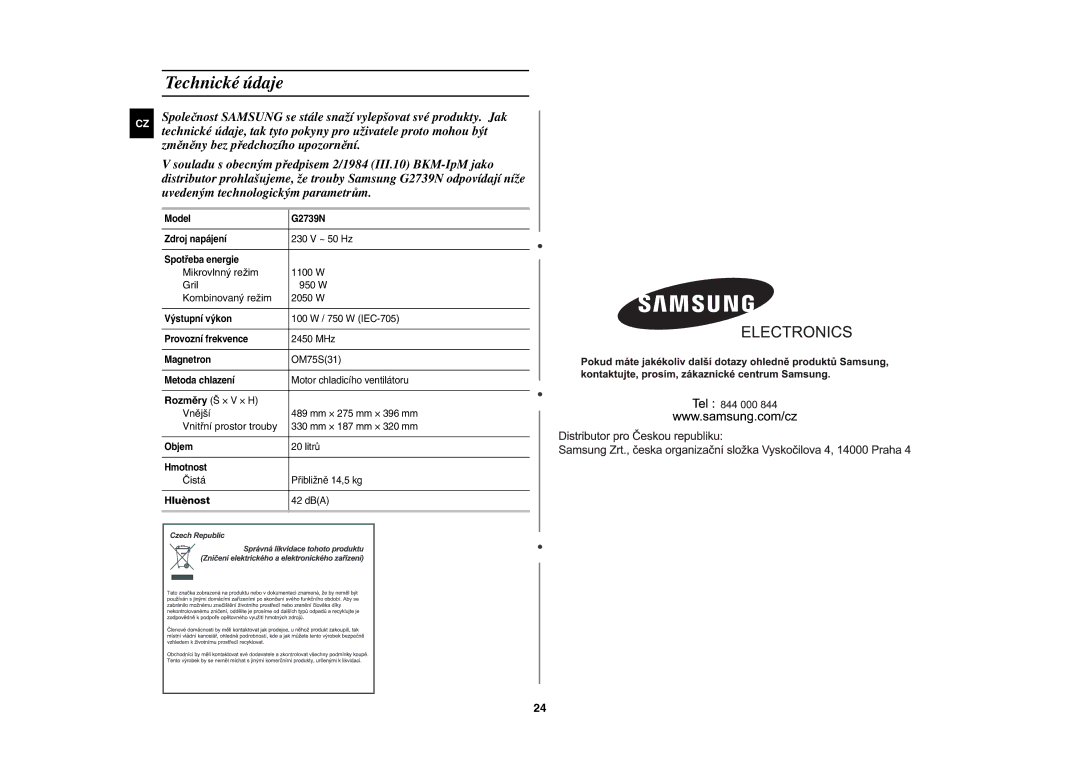 Samsung G2739N-S/XEH, G2739N/LIB manual Technické údaje, Hluènost 