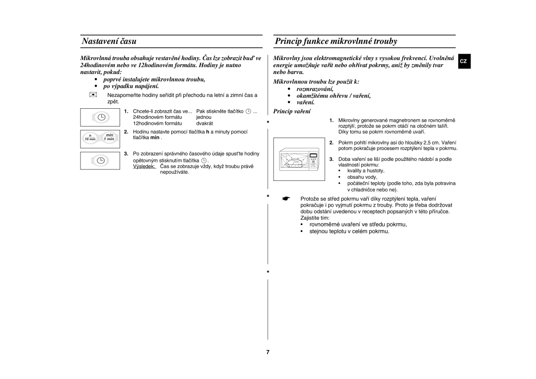 Samsung G2739N/LIB, G2739N-S/XEH manual Nastavení času, Princip funkce mikrovlnné trouby 