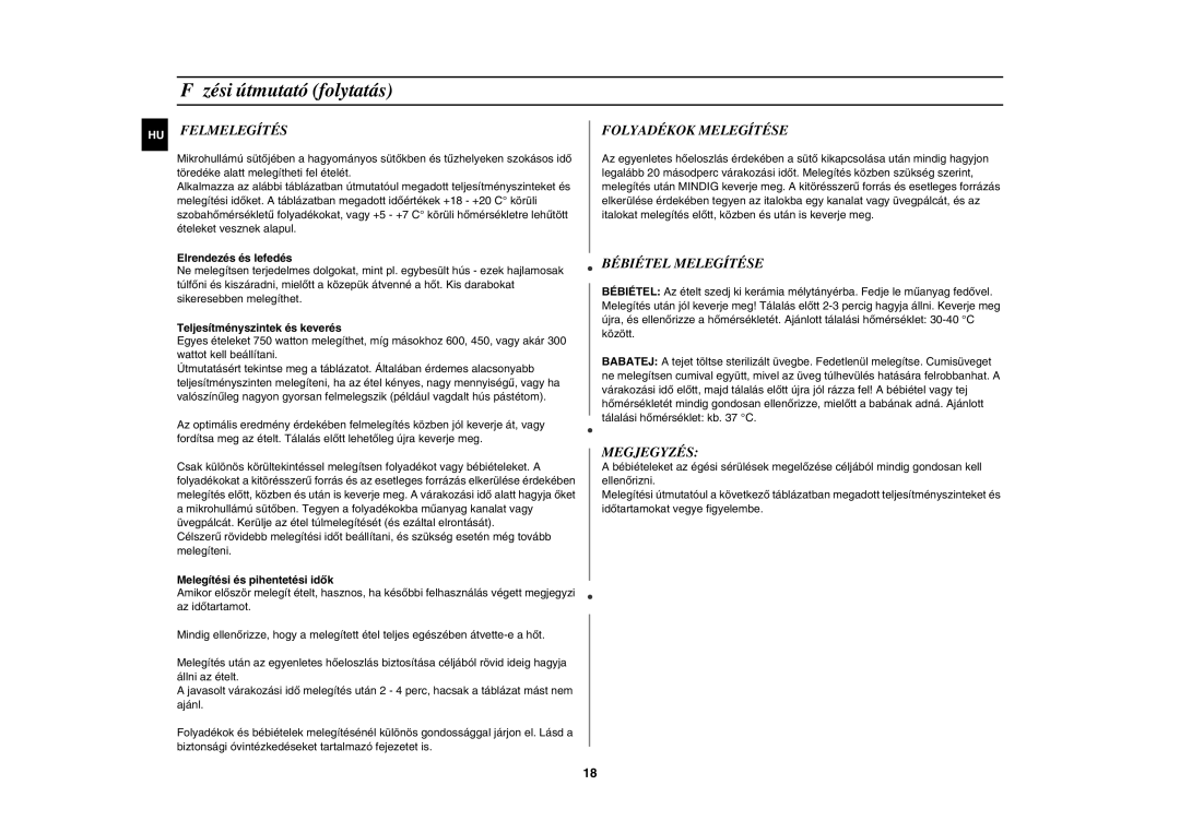 Samsung G2739N-S/XEH, G2739N/XEH manual Felmelegítés, Folyadékok Melegítése, Bébiétel Melegítése, Megjegyzés 