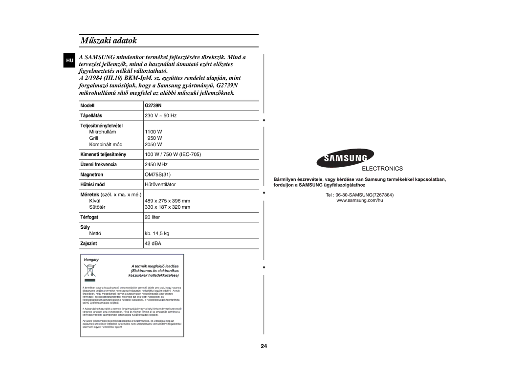 Samsung G2739N-S/XEH, G2739N/XEH manual Műszaki adatok 