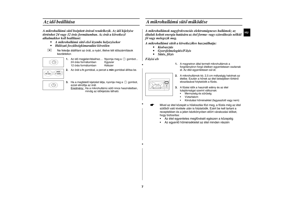 Samsung G2739N/XEH, G2739N-S/XEH manual Az idő beállítása, Mikrohullámú sütő működése 