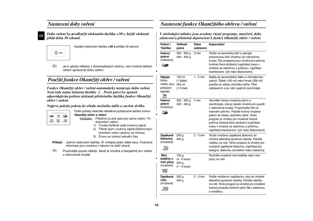 Samsung G2739N-S/XEH manual Nastavení doby vaření, Použití funkce Okamžitý ohřev / vaření 