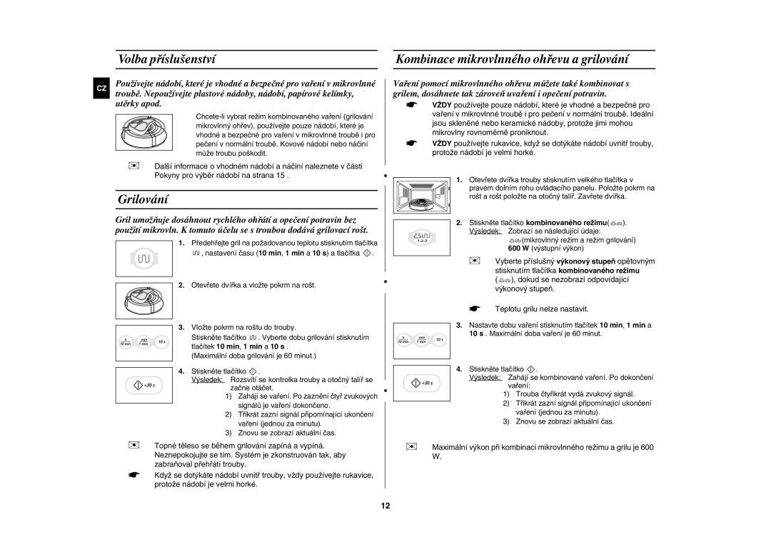 Samsung G2739N-S/XEH manual Volba příslušenství, Grilování, Kombinace mikrovlnného ohřevu a grilování 