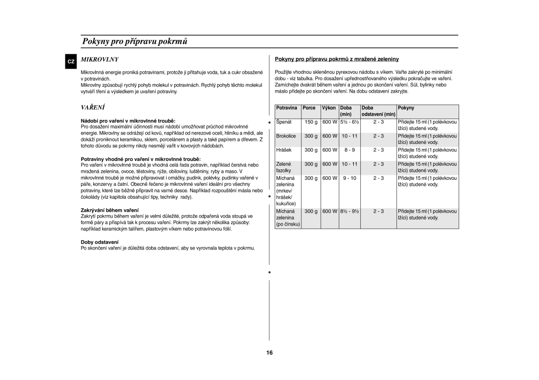 Samsung G2739N-S/XEH manual Pokyny pro přípravu pokrmů, Mikrovlny, Vaření 