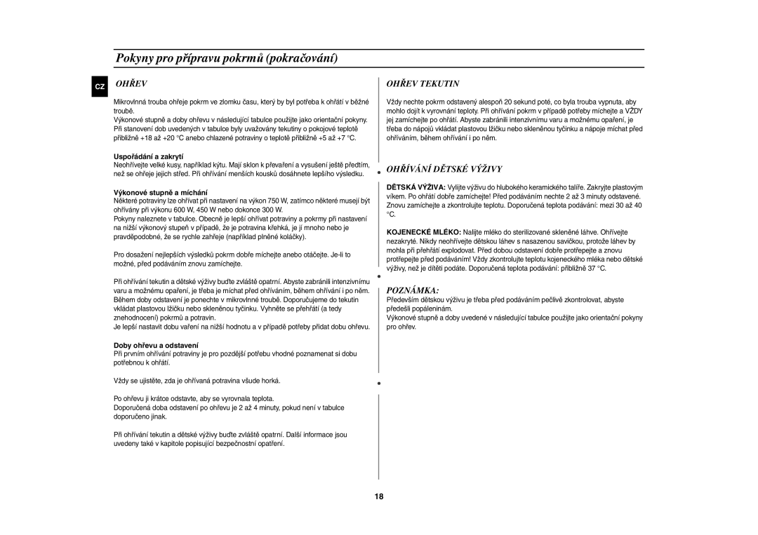 Samsung G2739N-S/XEH manual Ohřev Tekutin, Ohřívání Dětské Výživy, Poznámka 