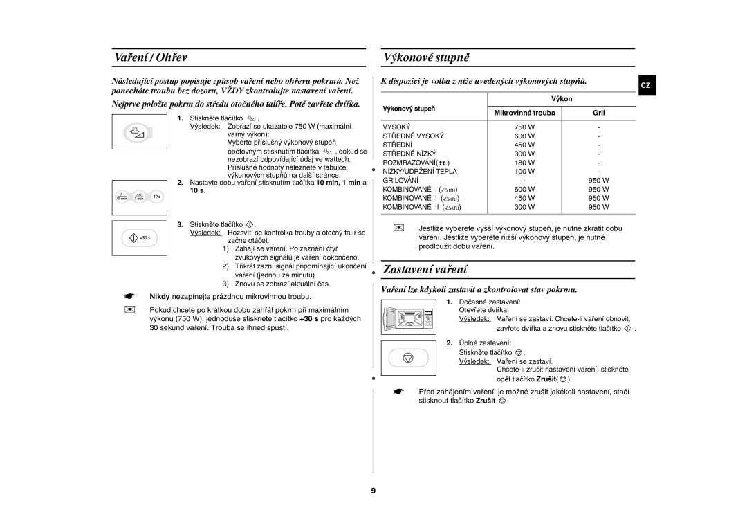 Samsung G2739N-S/XEH manual Vaření / Ohřev Výkonové stupně, Zastavení vaření, 10 s 