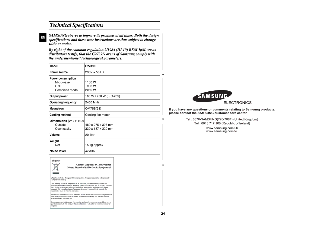 Samsung G2739N technical specifications Technical Specifications, Noise level 