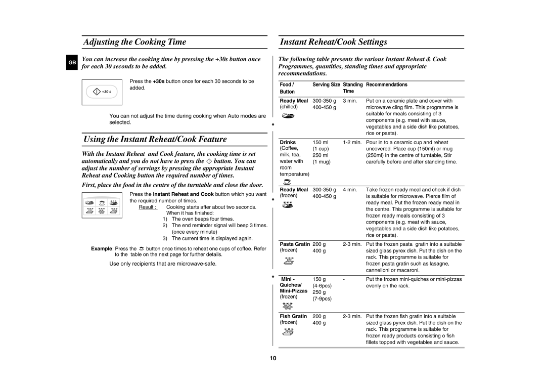 Samsung G2739N/LIB manual Adjusting the Cooking Time Instant Reheat/Cook Settings, Using the Instant Reheat/Cook Feature 