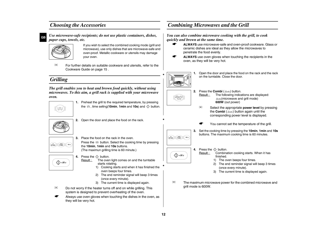 Samsung G2739N/LIB manual Choosing the Accessories Combining Microwaves and the Grill, Grilling, Paper cups, towels, etc 