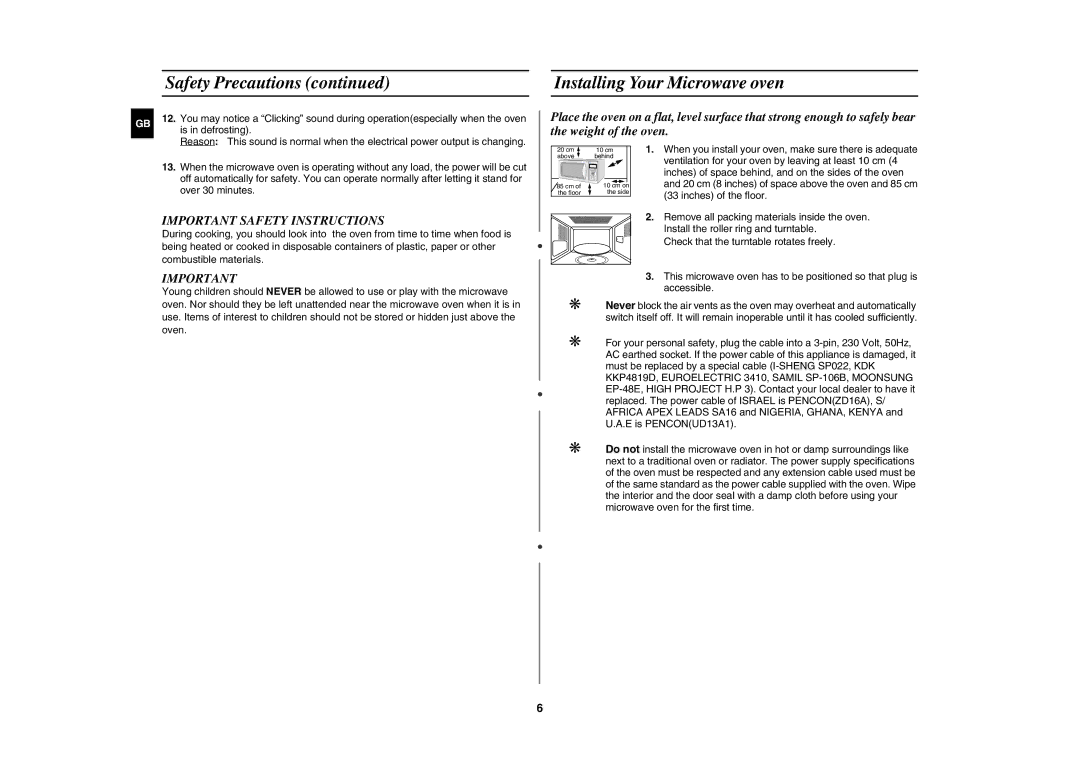 Samsung G2739N/LIB, G2739N/XEH manual Installing Your Microwave oven, Important Safety Instructions, Is in defrosting 